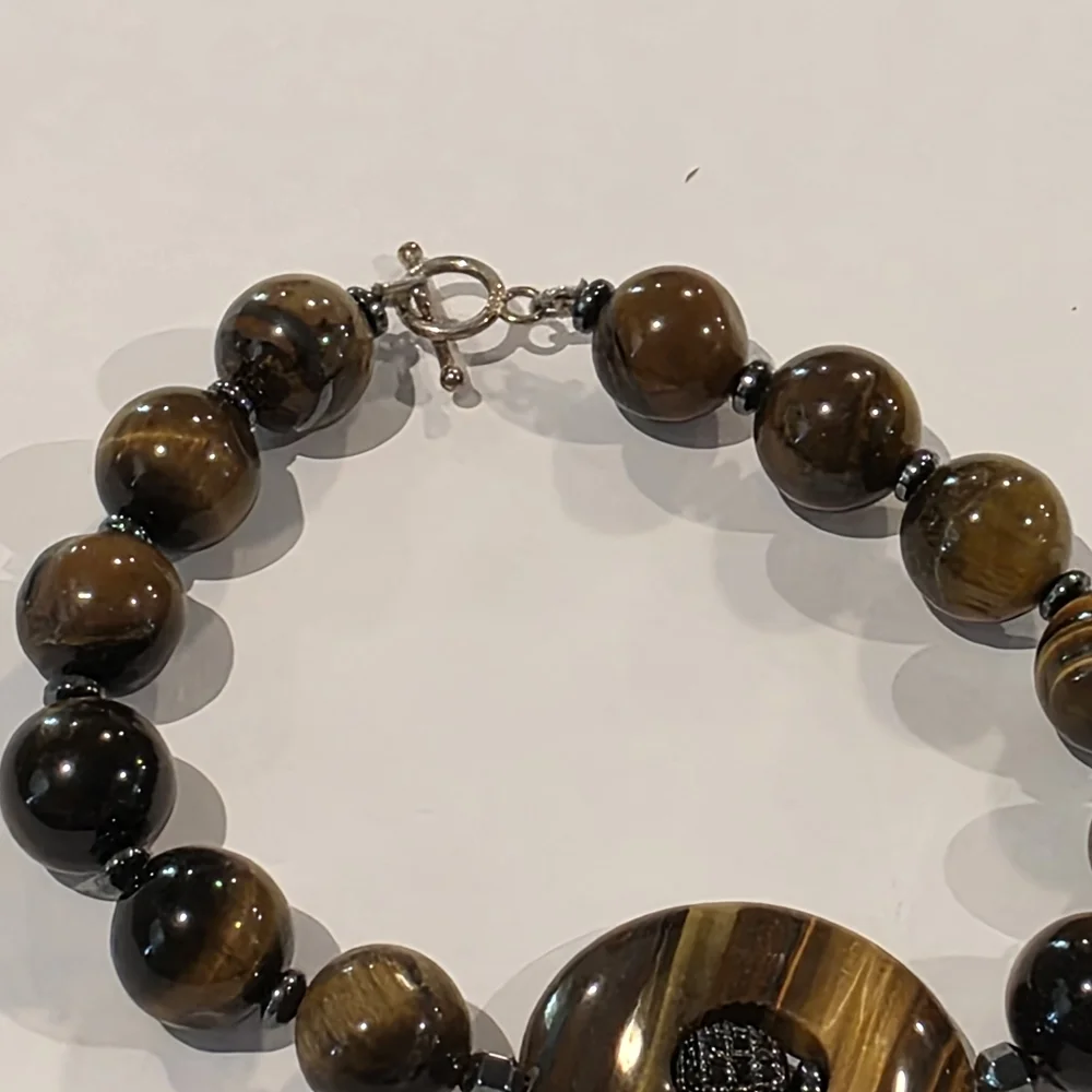 Tiger Eye Stone Beaded Bracelet with Round Centerpiece‎ Statement Jewelry